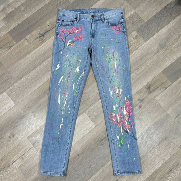 Loft Hand Painted Boyfriend Jeans Blue Multi 0 Ankle Cherry Blossom Custom - Picture 3 of 13